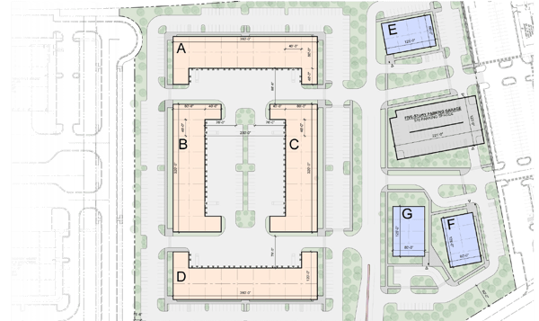 Site plan rendering of Innovation Gateway, a planned 16.5-acre commercial and research campus along Discovery Boulevard in Prince William County. The campus includes seven buildings labeled A through G, a central courtyard, surface parking, landscaped streets, and a five-story parking garage.