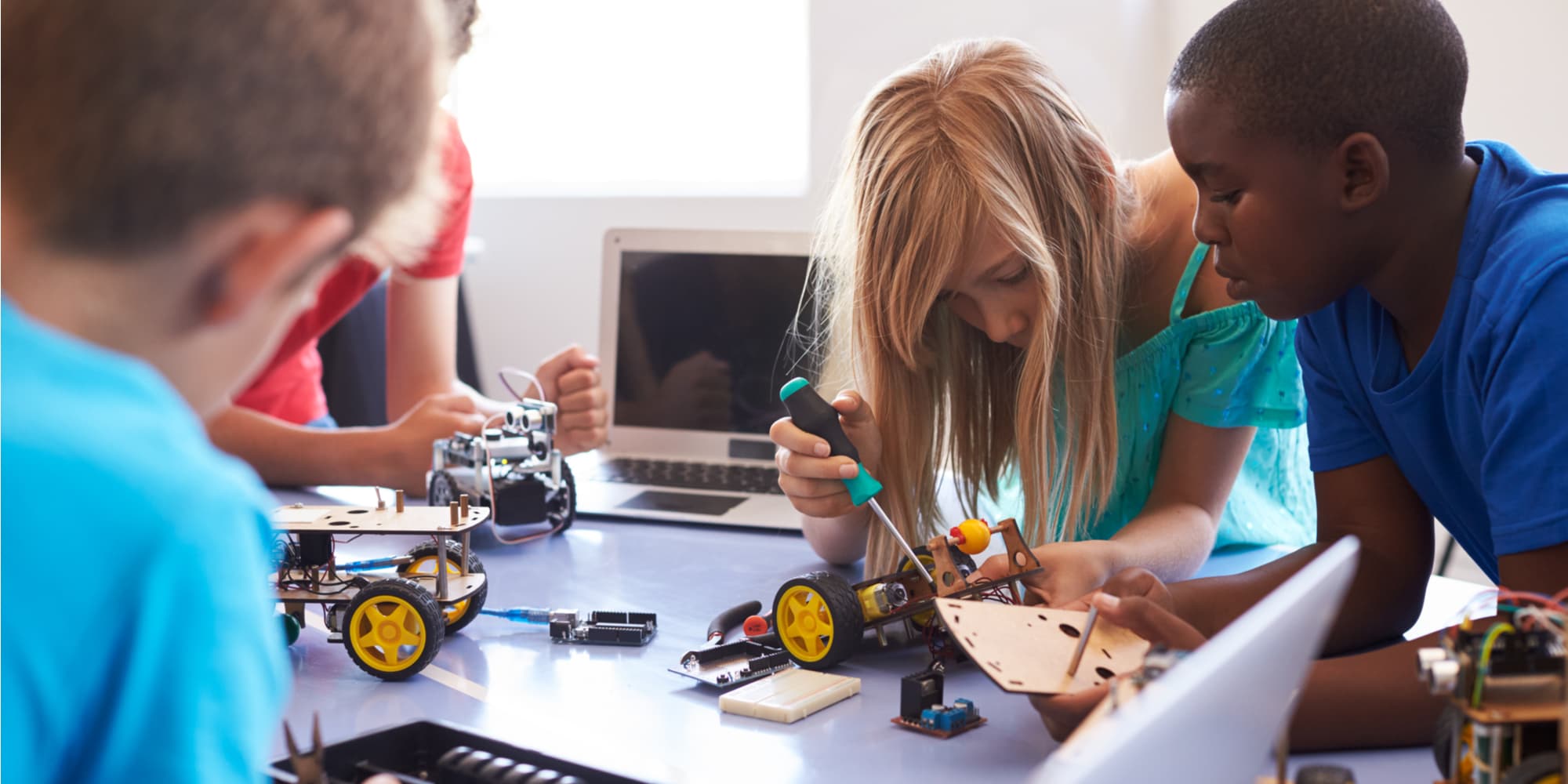 Children working on robotics