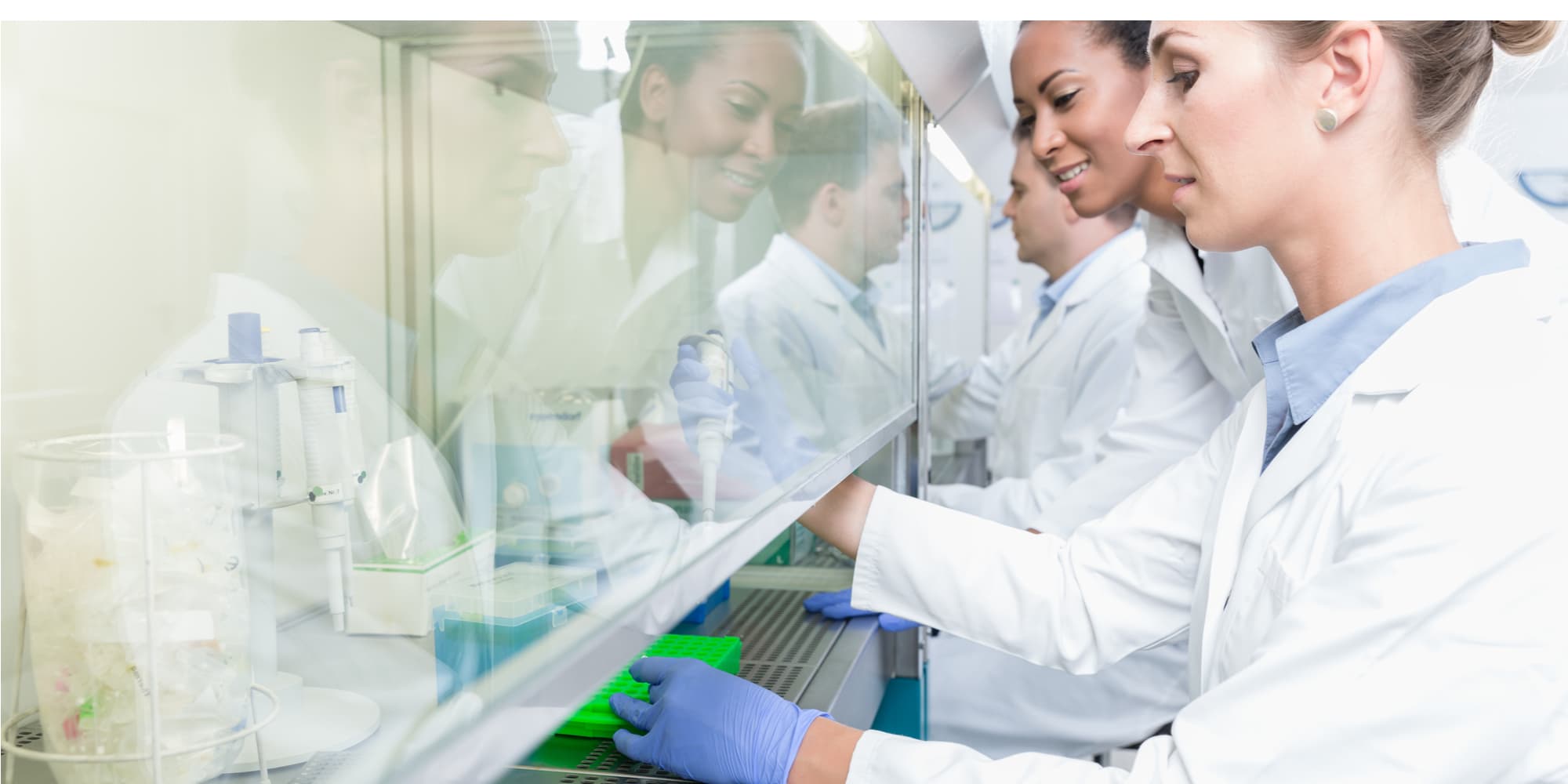 Three lab technicians conduct an under a fume hood.  